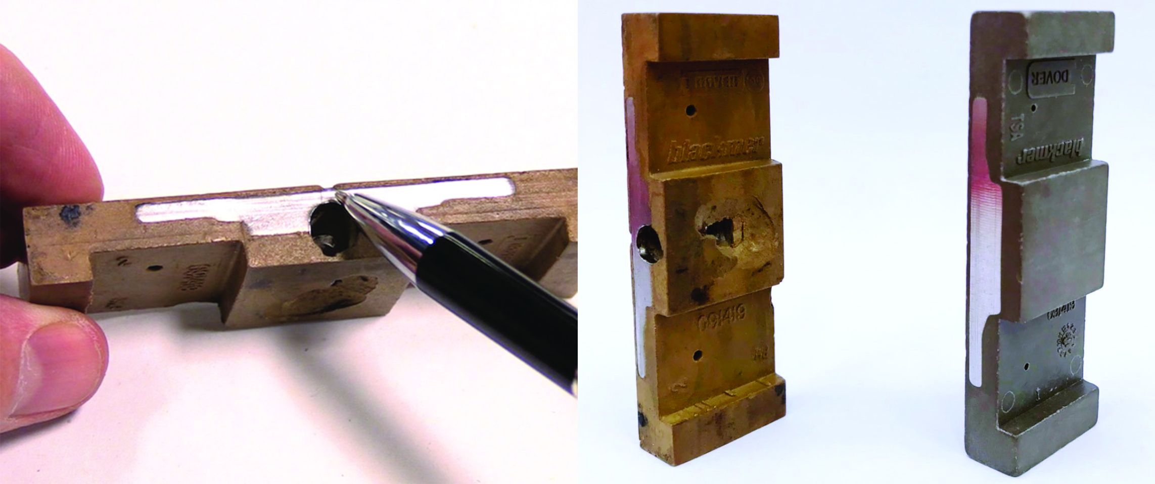 a sliding vane pump can lead to deterioration of the vanes (left photo). The difference in a vane that has been subject to excessive cavitation (left, in right photo)