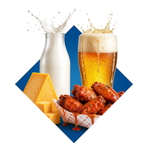 Some cheese, milk, beer, and chicken wings