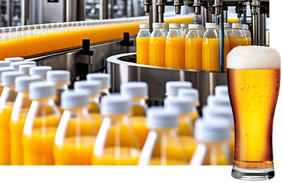 A background image of a bottling production line and a glass of beer in the foreground