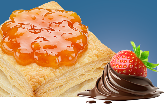 A background image of jam on a pastry and a chocolate covered strawberry in the foreground