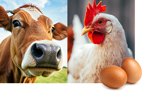 A cow and a chicken in the background and two eggs in the foreground